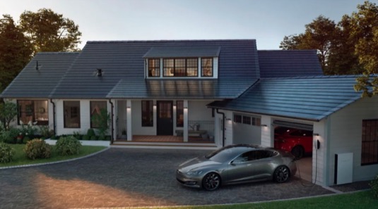 auto Tesla Model S dům solární elektrárna panely baterie